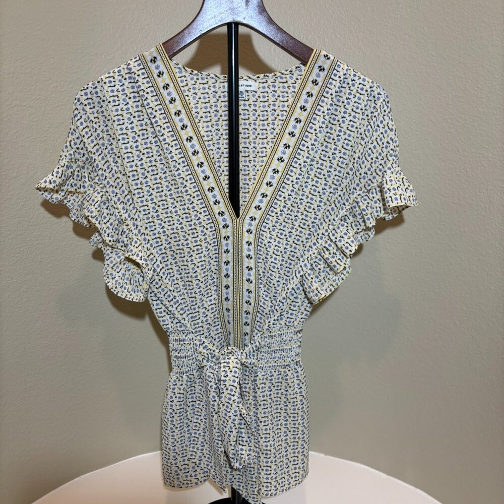 💛MAX Studio Ruffle Sleeve Belted V-Neck Yellow Blouse Size XL - Picture 2 of 11